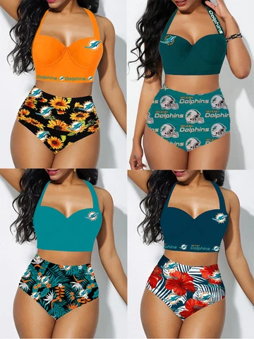 Miami Dolphins 2PCS Women's Floral Bikini Butt Lift Swimsuit Bathing Suit Cover