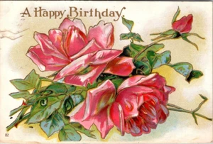 Postcard Happy Birthday Pink Roses Embossed - Picture 1 of 2