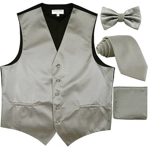 Nuevo Chaleco de Esmoquin a Rayas para Hombre Chaleco y Corbata y Moño y Hankie Gris Formal - Imagen 1 de 5
