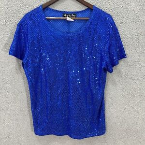 all that jazz womens blouse Large blue sequin short sleeve event party