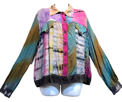 NUEVO CON ETIQUETAS HILOS SAGRADOS Parche Boho Gitano Hippy Tie Dye Rayón CHAQUETA TOP XL Envío Gratis Foto 1 de 4