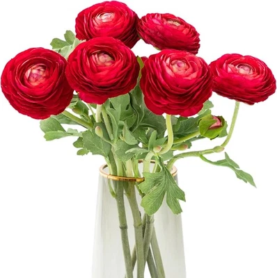 Flores de Ranúnculo Artificiales con Tallo de Tacto Real, Seda 6, Rojo Foto 1 de 4