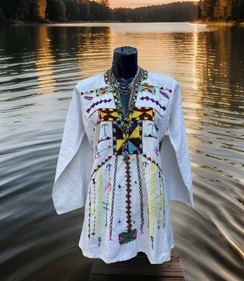 Túnica Vintage Boho Top Egipcia Siwa Oasis Bordada Blanco Algodón Tribal Hippie Foto 1 de 4