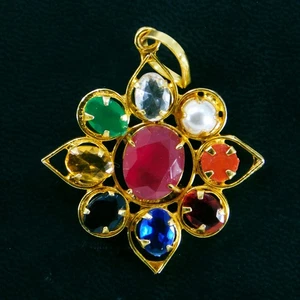 Navratna Gemstone Pendant – 9 Planet Healing Stones Handmade Gold Plated Jewelry - Picture 1 of 6