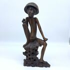 Vintage Hand Carved Wood Statue Asian Old Man with Hat & Fish 11" Fisherman