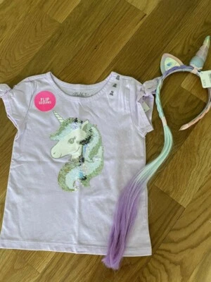 NEW GIRLS UNICORN SHORT SLEEVE TOP WITH MATCHING HEADBAND SIZE XS 4 * - Image 1 of 4