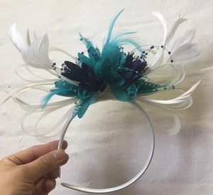 Cream, Turquoise Teal Navy Fascinator on Headband UK Wedding Ascot Races Loop - Picture 1 of 1