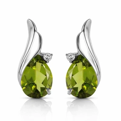 Natural Green Peridot Diamond Gemstone Stud Earrings Solid 14K White Gold - Image 1 of 2