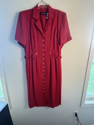 Gorgeous Vintage Sag Harbor Red Polka Dot Midi Dress Shoulder Pads 20W Button Up - Image 1 of 4