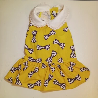 Topkins Dog Dress Sz M Birthday Holiday Party Yellow Polka Dot Bow Lace Collar  - Image 1 of 4
