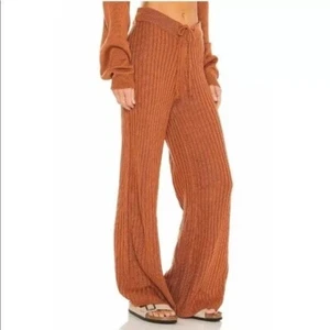 SNDYS Hendrix Burnt Orange High Waist Ribbed Knit Wide Leg Lounge Pants L NWT - Picture 1 of 5