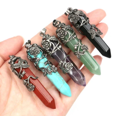 Blume Wickelte Hexagon Natürlichen Kristall Anhänger Edelstein Halskette - Bild 1 von 4