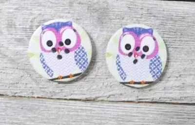 wood bird owl sewing buttons 2 holes 1 1/8 inch pink blue 2pc set - Image 1 of 2