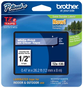 Cinta original para fabricante de etiquetas Brother TZe-135 P-touch TZe135 TZ135 TZ-135 blanca transparente - Imagen 1 de 32