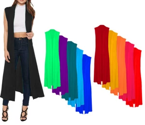 Women's Ladies Boyfriend Open Long Maxi Plain Sleeveless Cardigan Top UK  8-26 - Picture 1 of 12