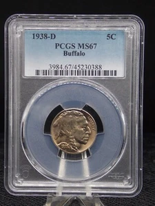 ESTADOS UNIDOS 1938-D DENVER BUFFALO LOSA DE NÍQUEL GRADUACIÓN PROFESIONAL MS 67 A180 - Imagen 1 de 2