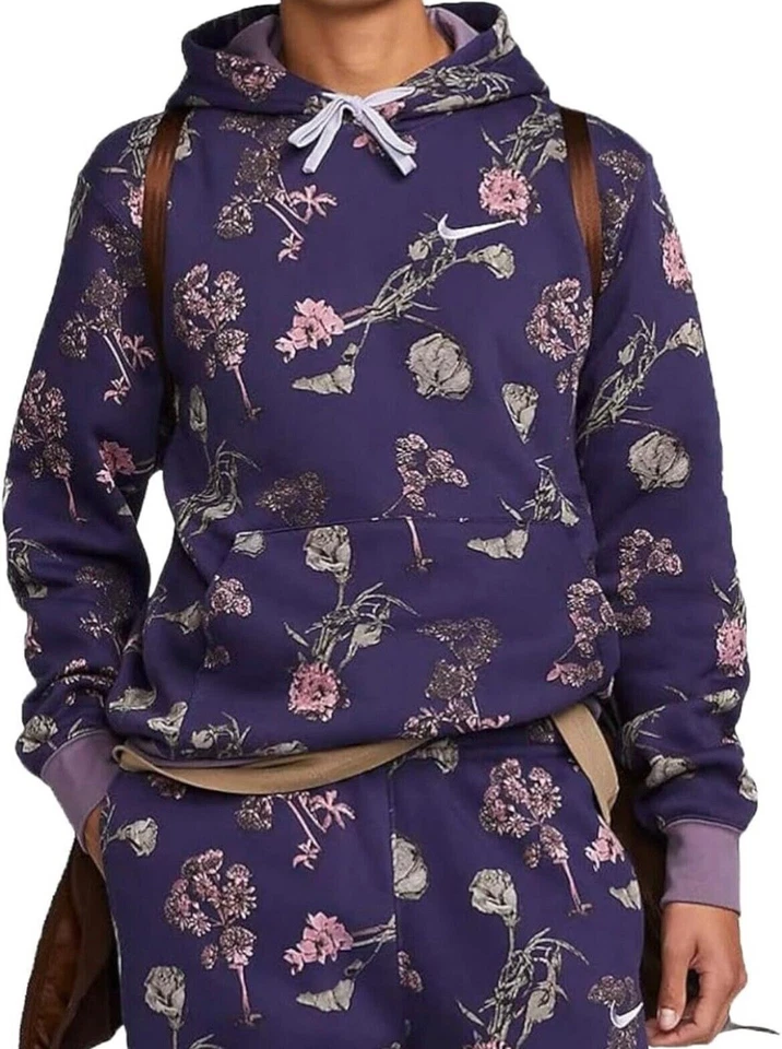 Nike Sportswear Floral Club Pullover Hoodie Purple DQ3483-540 Mens Size Large