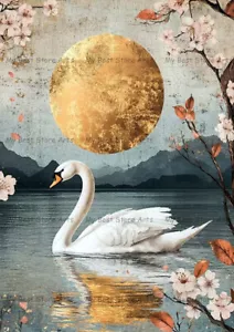 ELEGANT SWAN ART PRINT, Gold Sun Poster, Spring Blossom Bird Wall Decor F964 - Picture 1 of 2