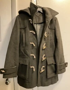 TOPSHOP COAT OLIVE GREEN Duffle Hooded Flannel Tartan Lined Horn Buttons Wool 4 - Picture 1 of 16