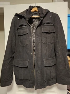 GUESS Four Pocket Wool Hooded Lined Jacket Coat Black Winter Men's Size Medium M - Picture 1 of 4