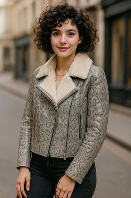 Artico Italy Shearling Biker Jacket Women’s S Snakeskin Print Luxury Moto - Image 1 of 4