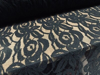 Cotton Mesh Lace Dress Fabric, Per Metre - Rose Design - Black - Image 1 of 3