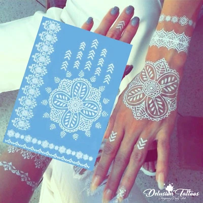 DELUSION TATTOOS TEMPORÄRES TATTOO WEISSES HENNA, LOTUSBLUME, GÄNSEBLÜMCHEN, SPITZE, HAND, DAMEN, MÄDCHEN