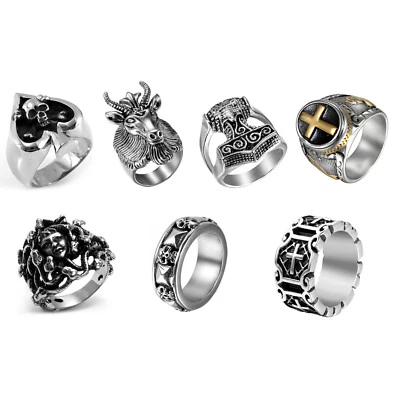 Heavy 316L Stainless Steel Mens Skull Cross Gothic Punk Biker Ring Size 7-14 - Image 1 of 4