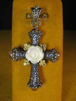 BARBARA BIXBY CROSS ROSE FLOWER WHITE MOP TANZANITE Gemstone Enhancer Pendant - Image 1 of 2