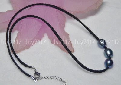 Collares colgantes de cuerda de cuero hechos a mano con perlas negras naturales de 10x12 mm 18" Foto 1 de 4