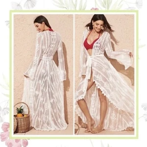 LACE ROBE DUSTER KIMONO BEACH COVER UP BOHO CHIC WHITE FLARE LONG MAXI SUMMER - Picture 1 of 6