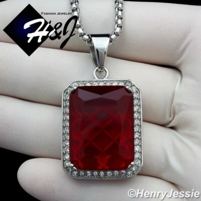 20"MEN Stainless Steel 3mm Silver Box Link Chain Simulated 3D Ruby Pendant*P103 - Image 1 of 4