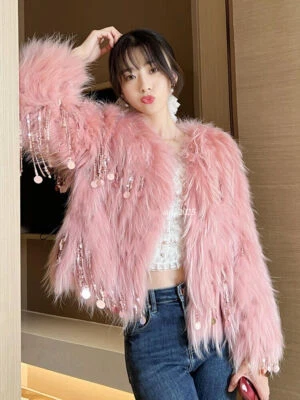 Mujeres Invierno Lentejuelas Borlas Abrigo Corto Imitación Piel Mapache Abrigo Chaqueta Prendas de abrigo Foto 1 de 4