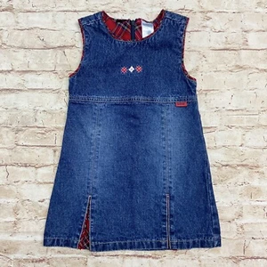 Izod Toddler Girls Jean Jumper Dress Size 3T Sleeveless Denim Jumper Plaid Blue - Picture 1 of 5