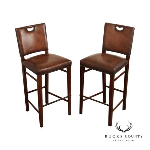 Theodore Alexander Pair of 'The Officer's Mess' Leather Bar Stools Cover