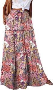 Women Ruffle Boho Maxi Skirt Pleated A Line Skirt Bohemian Long Beach Flowy Skir - Picture 1 of 14