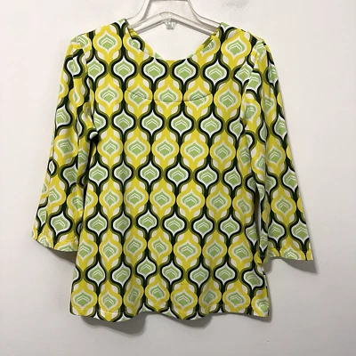 Top J McLaughlin Catalina Tela Geométrica Verde Amarillo M Mod Manga 3/4 Espalda en V Foto 1 de 4