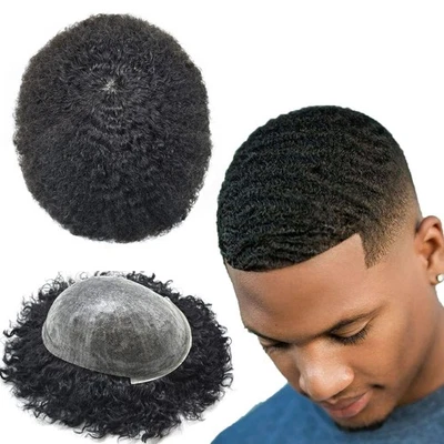 Unidades completas de cabello afro toupee para hombres negros poli afro onda sistema de PU cabello humano EE. UU. Foto 1 de 4