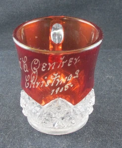 SIGNED CAMBRIDGE NEAR CUT RUBY STAINED GLASS MUG SOUVENIR CHRISTMAS 1905 EAPG - Picture 1 of 5