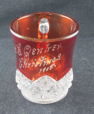 SIGNED CAMBRIDGE NEAR CUT RUBY STAINED GLASS MUG SOUVENIR CHRISTMAS 1905 EAPG - Image 1 of 4