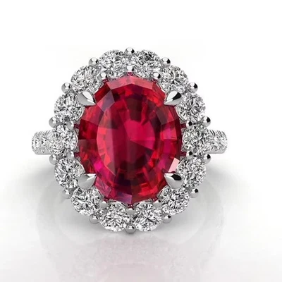 Oval Cut 3.50 Carats Natural Red Ruby Diamond Wedding Ring 18K White Gold Ring - Image 1 of 4