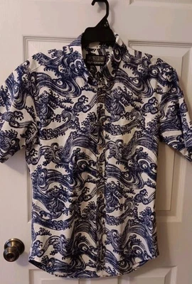 Reyn Spooner Med Reverse Print Hawaiian Button Up Floral Surfer Waves Shirt NWOT - Image 1 of 4