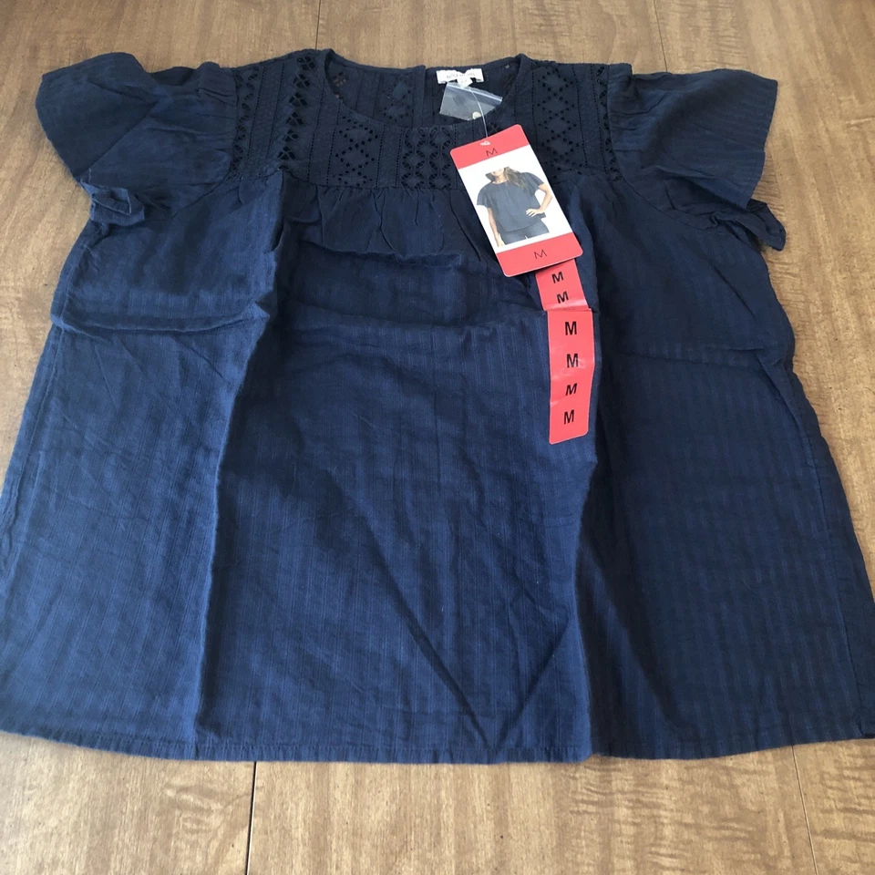 Ella Moss Women’s Anthropologie Mood Indigo Brianne Peasant Eyelet Blouse Sz M