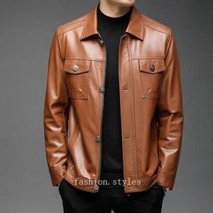 Men's Faux Leather Slim Fit Jackets Pocket Coats Casual Dress Work Outwear  - Picture 1 of 22