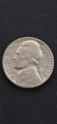 1948 5c ERROR Jefferson Nickel - Lamination error? Die crack?  See pictures - Image 1 of 2