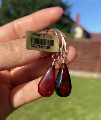 Authentic Baltic Red Cognac Amber Sterling Silver 925 Dangle Drop Earrings - Image 1 of 4