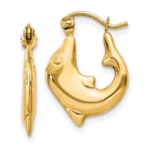 14k Yellow Gold Polished Dolphin Hoop Earrings L-5mm, W-2mm for Mom - Picture 1 of 4