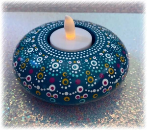 BLUE GREEN TEALIGHT HOLDER MANDALA TEALIGHT HOLDER DOT PAINTING  - Picture 1 of 4
