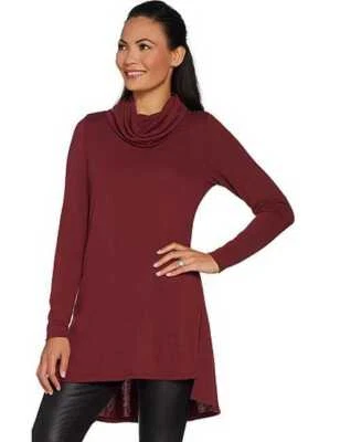 Top túnica ligero Lisa Rinna rojo baya oscuro cuello capucha nuevo detalle de costura Foto 1 de 4