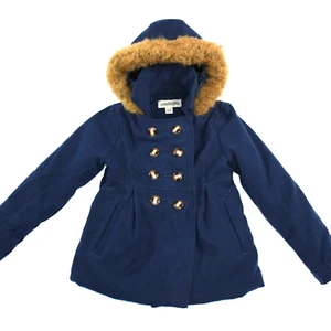 LONDON FOG Girls 7/8 (S) Peacoat Blue Double Breasted Hooded Buttons Fur Pockets - Picture 1 of 12